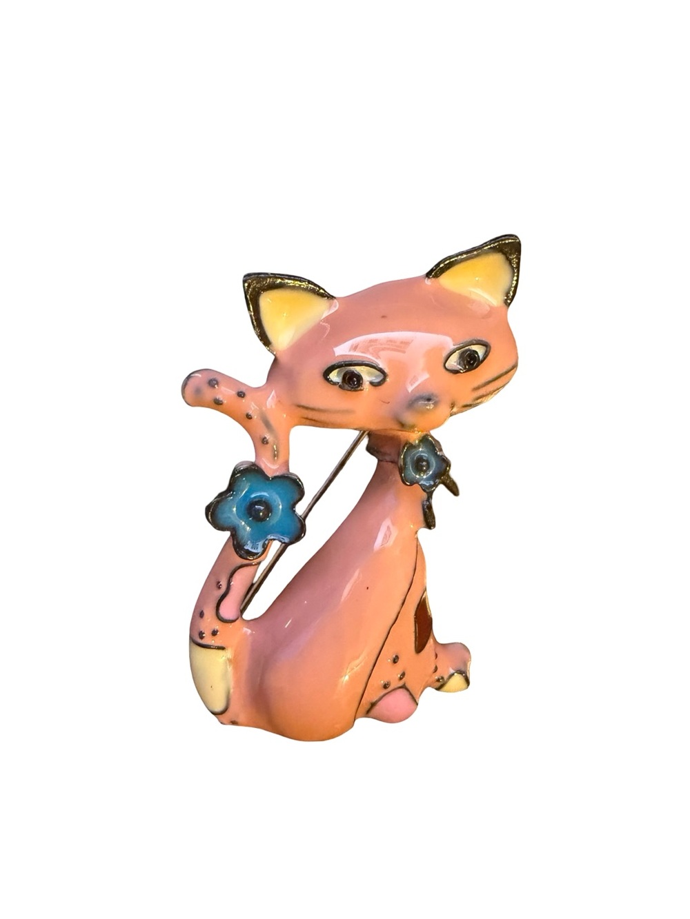 Pink Cat Brooch Pin with Blue Flower Accent - Vintage Style